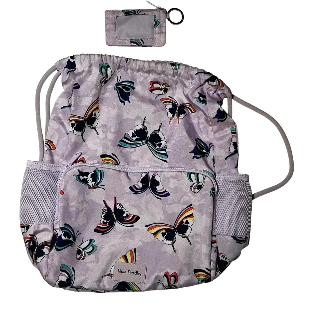 Vera Bradley ReActive Drawstring Backpack & Card Holder Set Butterfly Lavender